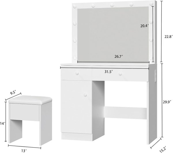 Vanity Desk with Mirror, 11 LED Lights and Power Outlet, Makeup Vanity Set with Storage Cabinet, Drawers and Chair, White Dressing Table with 3 Adjustable Light Modes for Bedroom - Image 2