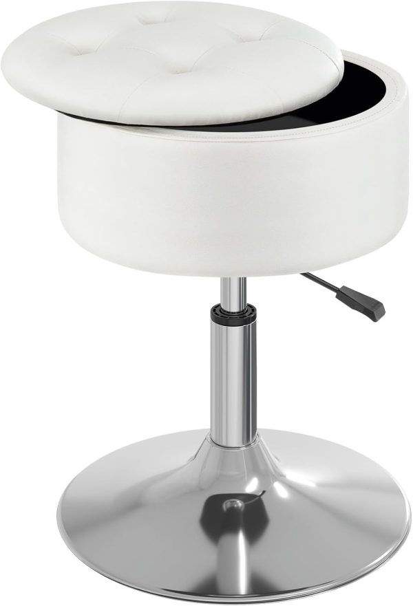 Vanity Stool with Storage, 19" to 23" Height Adjustable PU Leather Vanity Chair, 360° Swivel Makeup Stool with Removeable Tray, Modern Ottoman for Bedroom Bathroom, White