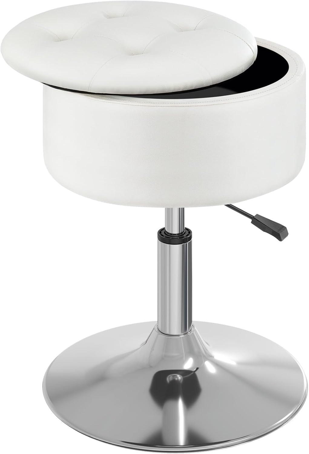 Vanity Stool with Storage, 19" to 23" Height Adjustable PU Leather Vanity Chair, 360° Swivel Makeup Stool with Removeable Tray, Modern Ottoman for Bedroom Bathroom, White