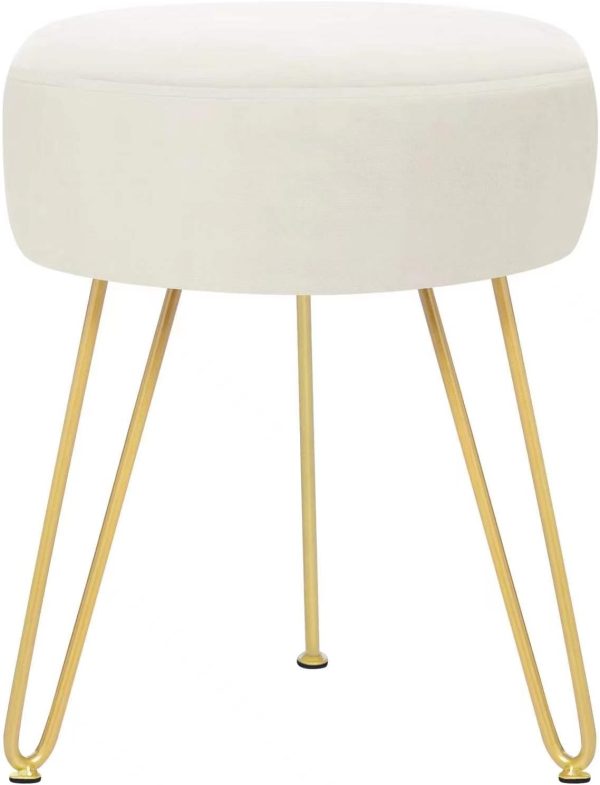 Multifunctional Vanity Stools - Velvet Round Ottoman Modern Dressing Stool -Upholstered Footrest Stool - Side Table Footstool with Golden Metal Leg for Living Room, Bedroom(Beige)