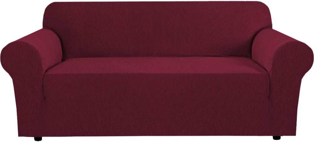 Stretch Sofa Covers for 3 Cushion Couch Covers Sofa Slipcovers for Living Room Feature Thick Checked Jacquard Fabric with Elastic Bottom, Sofa Large - Burgundy Red
