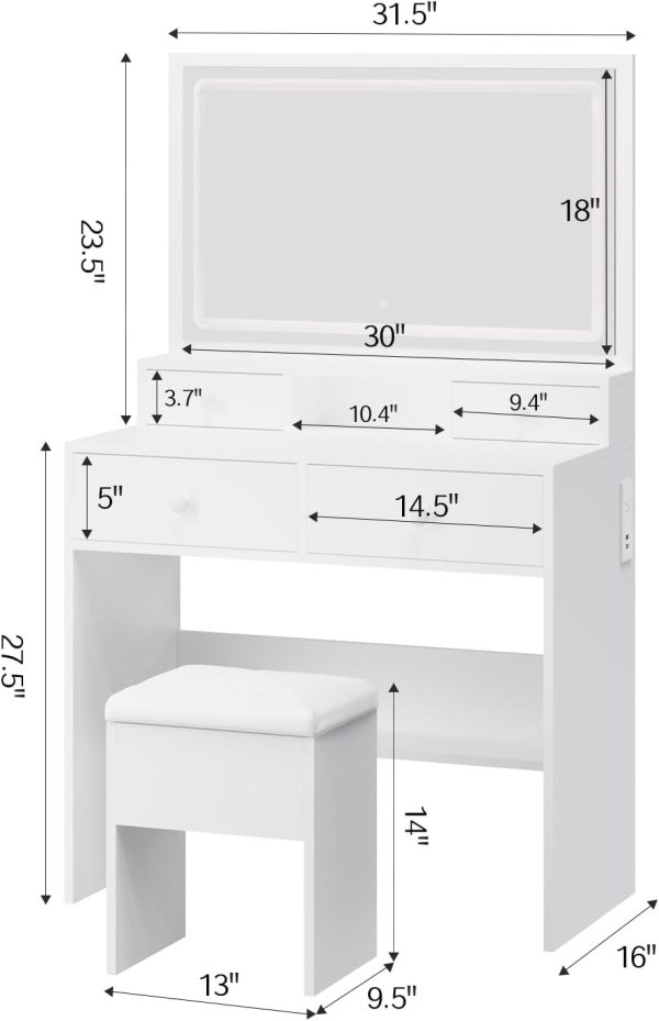 Vanity Desk with Mirror and LED Lights, White Makeup Vanity with Power Outlet, Storage Drawers and Chair, Dressing Table Set for Bedroom Dressing Room - Image 2
