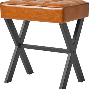 Square Makeup Stool with X-Leg Foot Rest, PU Footrest Stool, Ottoman Seat Vanity Stool, Multi-Use as Small Side Table, for Bedroom, Living Room, Light Brown LG-71J