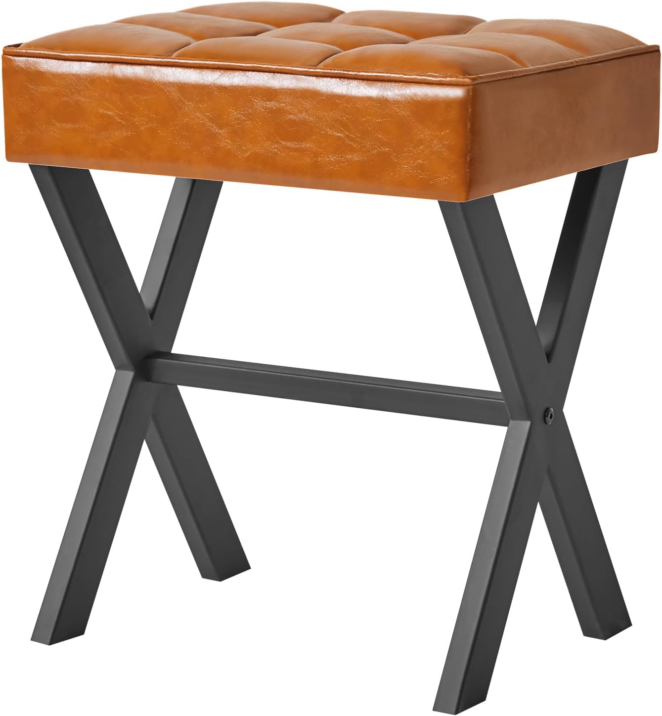 Square Makeup Stool with X-Leg Foot Rest, PU Footrest Stool, Ottoman Seat Vanity Stool, Multi-Use as Small Side Table, for Bedroom, Living Room, Light Brown LG-71J