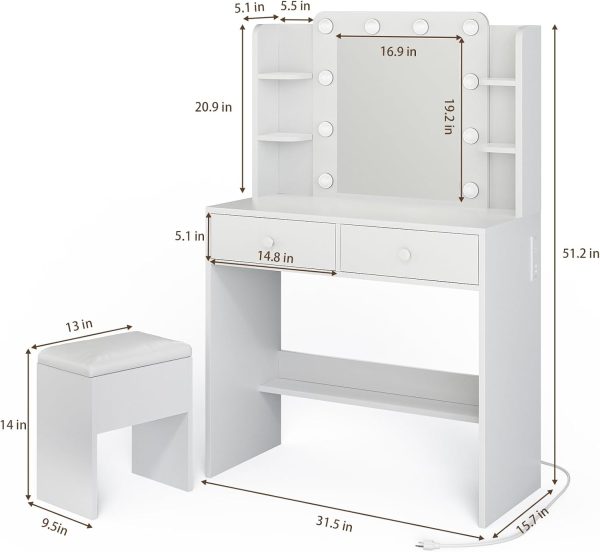 Vanity Desk with Lighted Mirror and Power Outlets, Makeup Vanity Set with Storage Drawer, Shelves and Chair, White Dressing Table with 3 Color Lighting Modes for Bedroom - Image 2