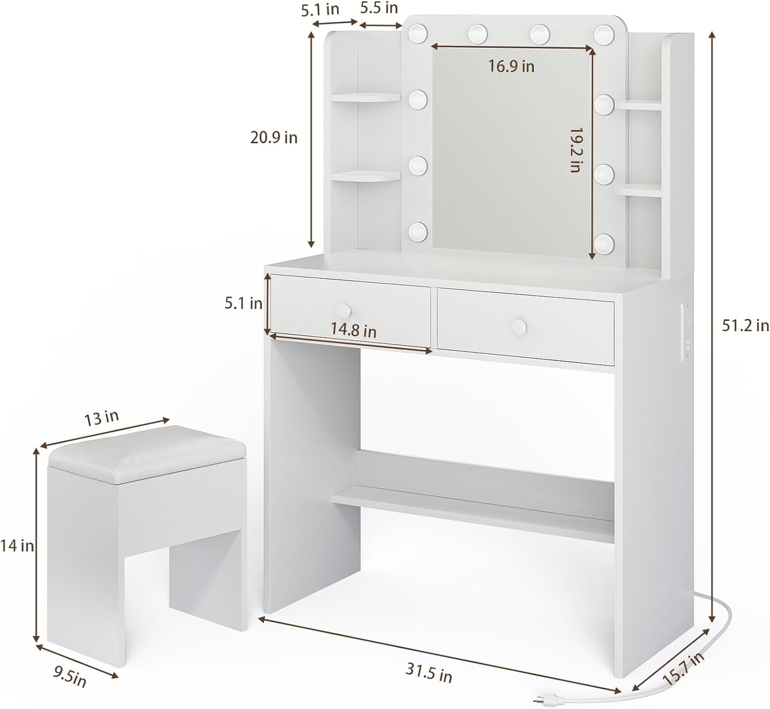 Vanity Desk with Lighted Mirror and Power Outlets, Makeup Vanity Set with Storage Drawer, Shelves and Chair, White Dressing Table with 3 Color Lighting Modes for Bedroom - Image 2