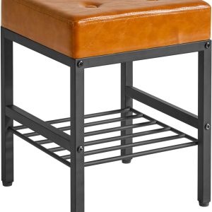 Square Makeup Stool with Adjustable Feet and Storage Space, Footrest Stool, PU Seat Vanity Stool, Multi-Use as Small Side Table or Ottoman, for Bedroom, Light Brown LG-60J