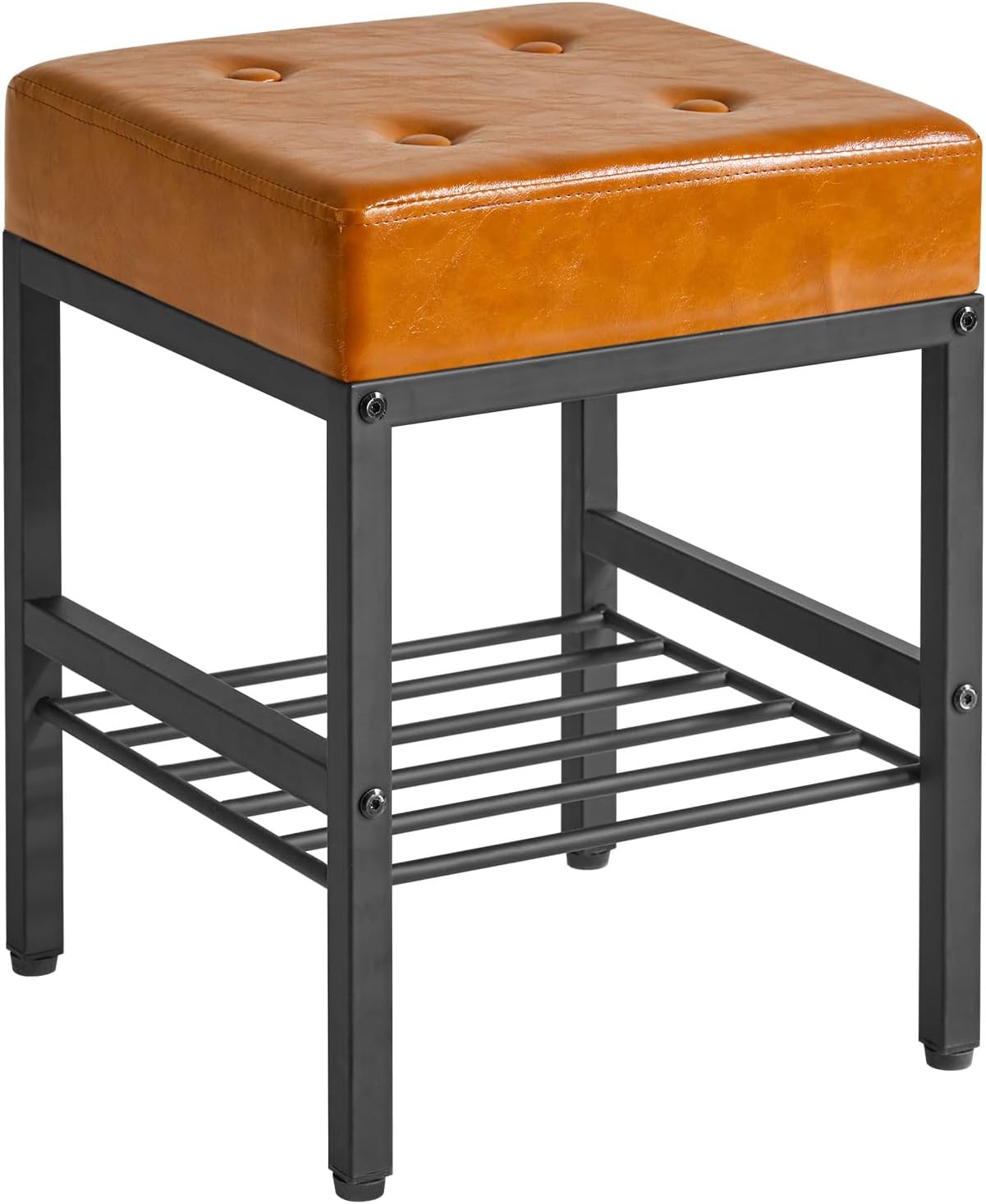 Square Makeup Stool with Adjustable Feet and Storage Space, Footrest Stool, PU Seat Vanity Stool, Multi-Use as Small Side Table or Ottoman, for Bedroom, Light Brown LG-60J