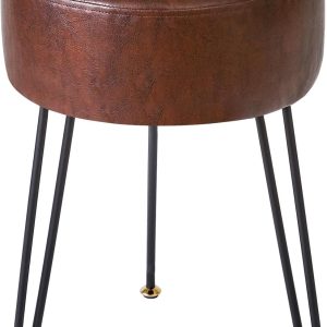Faux Leather Round Footrest Stool, Makeup Vanity Stool Side Table, PU Dressing Table Seat, Pouf Couch Stool, Golden Steel Legs, Dark Brown LG-31Z