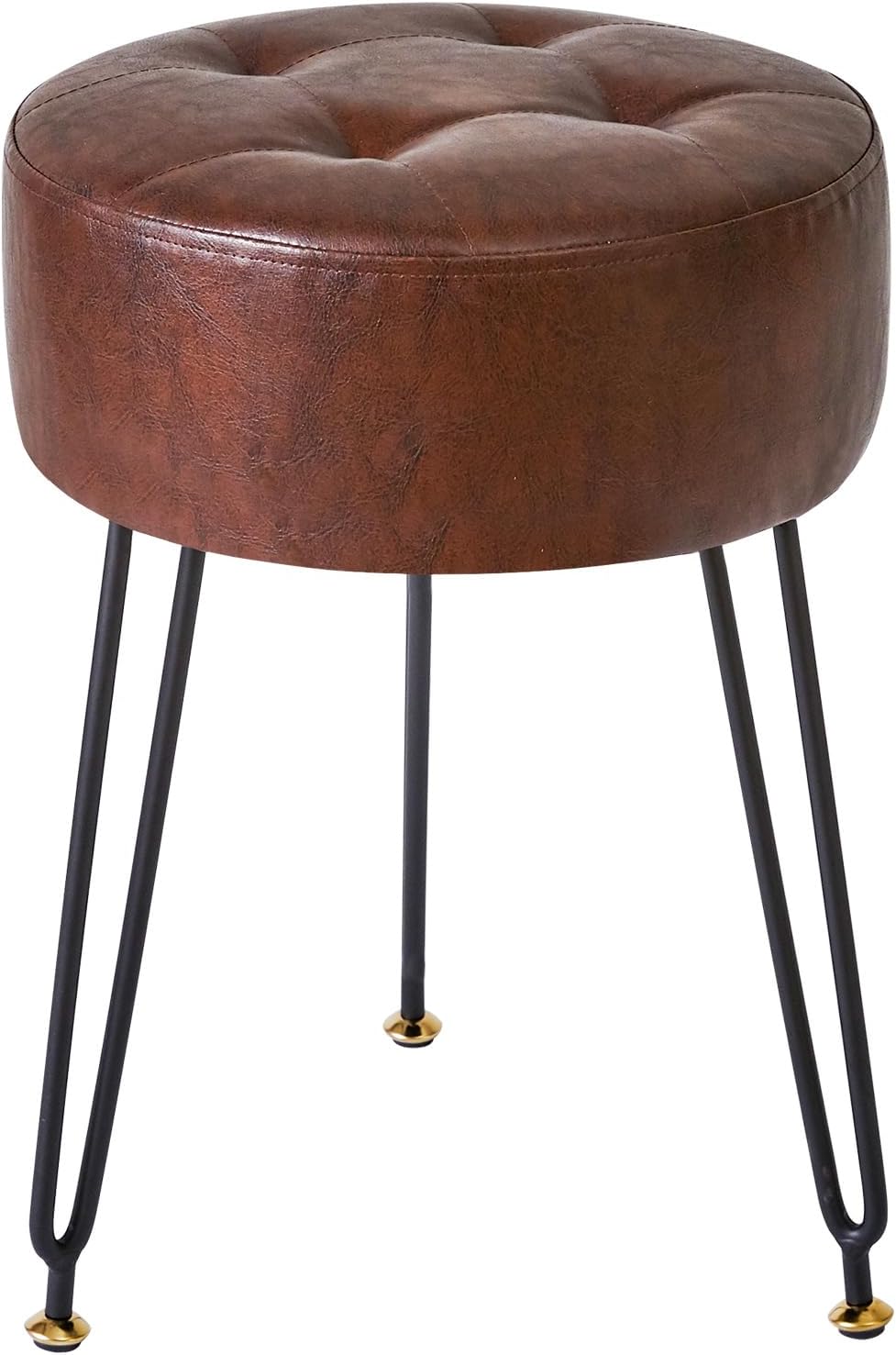 Faux Leather Round Footrest Stool, Makeup Vanity Stool Side Table, PU Dressing Table Seat, Pouf Couch Stool, Golden Steel Legs, Dark Brown LG-31Z