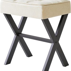 Square Makeup Stool with X-Leg Foot Rest, Linen Footrest Stool, Ottoman Seat Vanity Stool, Multi-Use as Small Side Table, for Bedroom, Living Room, Linen LG-70Y