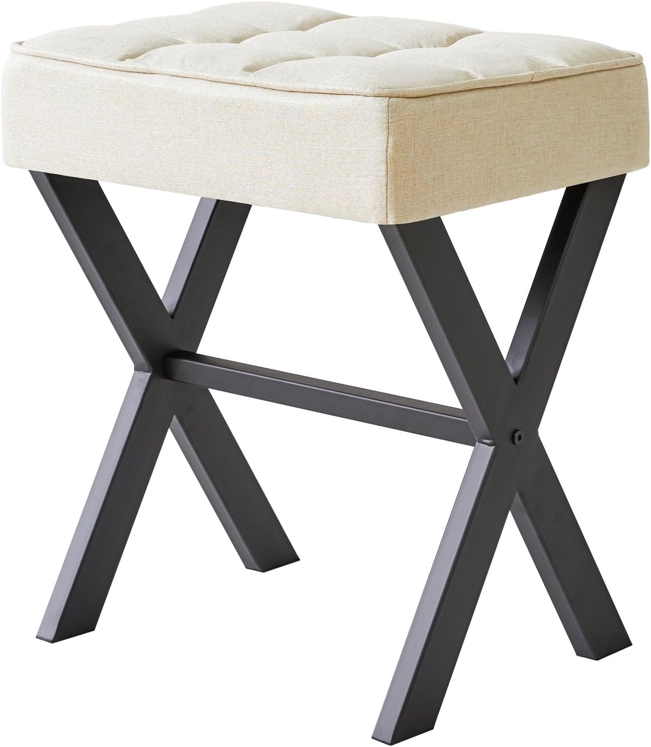 Square Makeup Stool with X-Leg Foot Rest, Linen Footrest Stool, Ottoman Seat Vanity Stool, Multi-Use as Small Side Table, for Bedroom, Living Room, Linen LG-70Y