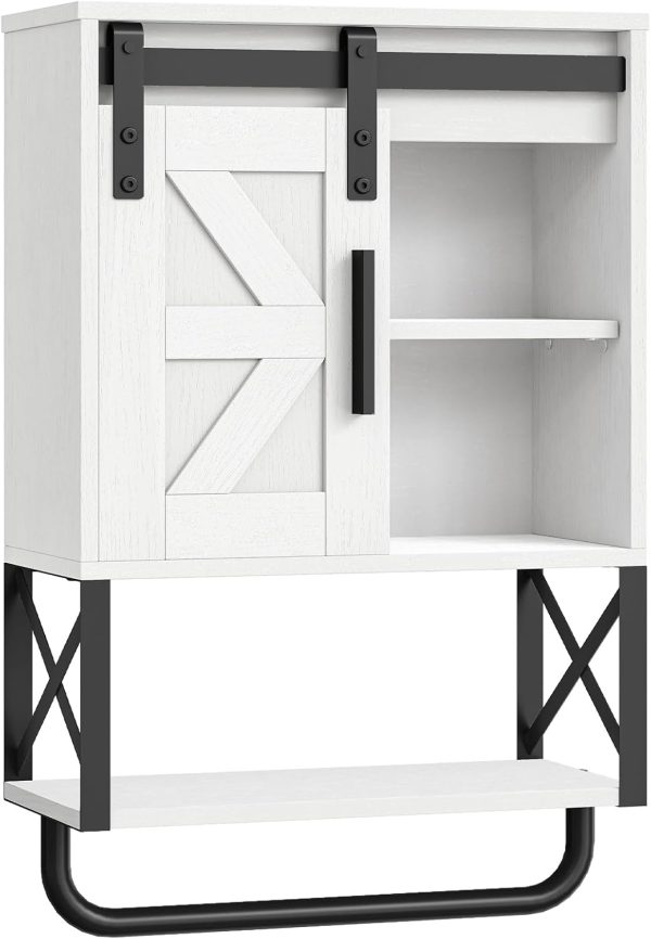 Bathroom Wall Cabinet, Farmhouse Medicine Cabinet with Sliding Barn Door, Adjustable Shelf and Towel Bar, Wall Mounted Storage Cabinet Over The Toilet for Bathroom, Kitchen, Bedroom, White
