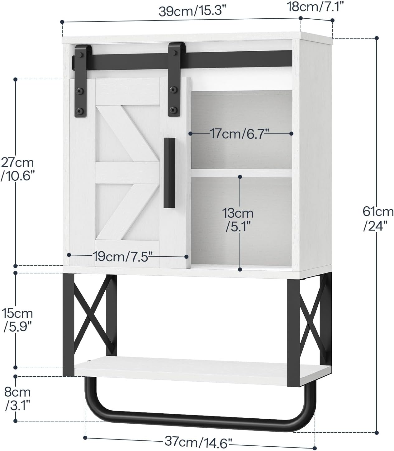 Bathroom Wall Cabinet, Farmhouse Medicine Cabinet with Sliding Barn Door, Adjustable Shelf and Towel Bar, Wall Mounted Storage Cabinet Over The Toilet for Bathroom, Kitchen, Bedroom, White - Image 2