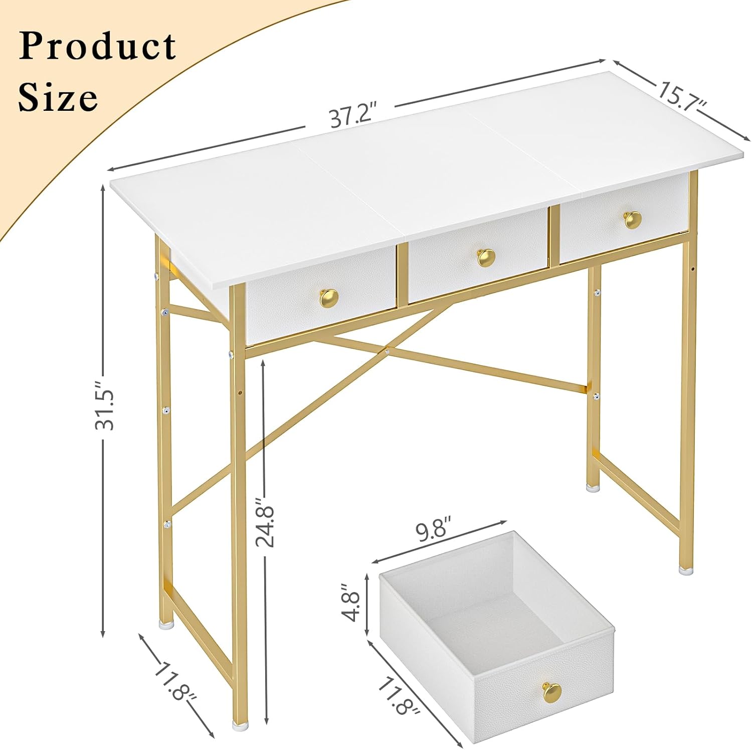 Small Makeup Vanity Desk No Mirror, 37.2 Inch Vanity Desk with 3 Drawers, Girls Vanity Dressing Table for Bedroom, Small Vanity for Small Spaces, White and Gold - Image 2