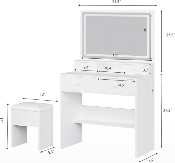 Makeup Vanity Desk with Lighted Mirror, White Vanity with Charging Station and 3 Light Modes, Dressing Table Set with 4 Drawers and Storage Chair for Women Girls Bedroom - Image 2