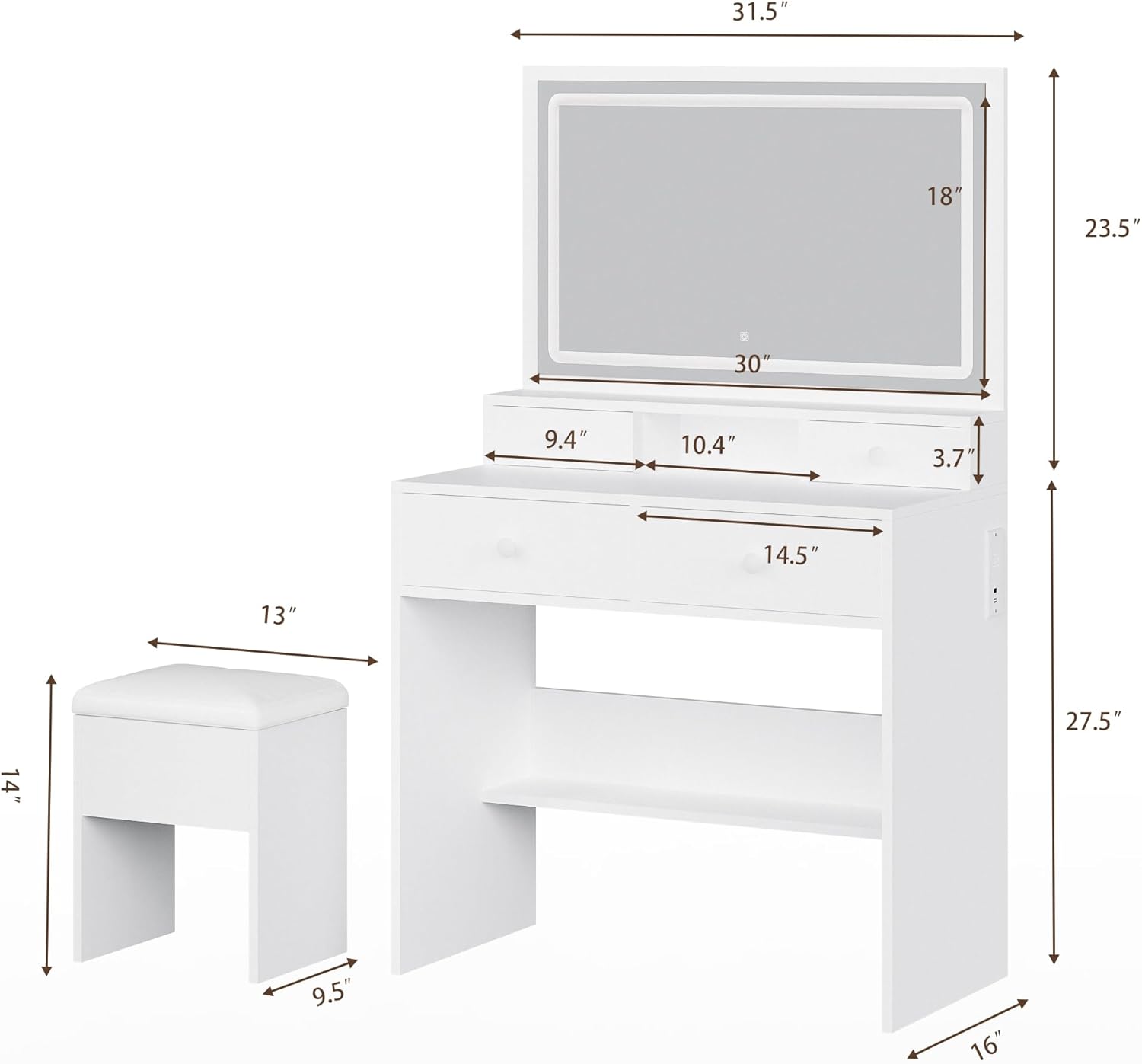 Makeup Vanity Desk with Lighted Mirror, White Vanity with Charging Station and 3 Light Modes, Dressing Table Set with 4 Drawers and Storage Chair for Women Girls Bedroom - Image 2