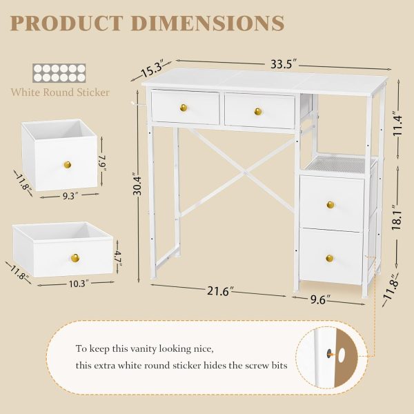 White Vanity Desk Without Mirror, Small Makeup Desk with 4 Fabric Drawers, 33.5 Inches Dressing Table with Storage, Vanity Table for Bedroom with Hook, White - Image 2