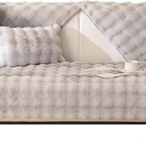 Faux Fur Couch Cover Pet Friendly, Rabbit Plush Sofa Cover, Anti Slip Sofa Slipcover for Armchair, Loveseat, 3-Cushion Couch, Sectional Sofa, Armrest & Backrest (1PC 35.5" X 35.5" Grey)