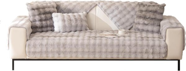 Faux Fur Couch Cover Pet Friendly, Rabbit Plush Sofa Cover, Anti Slip Sofa Slipcover for Armchair, Loveseat, 3-Cushion Couch, Sectional Sofa, Armrest & Backrest (1PC 35.5" X 35.5" Grey)