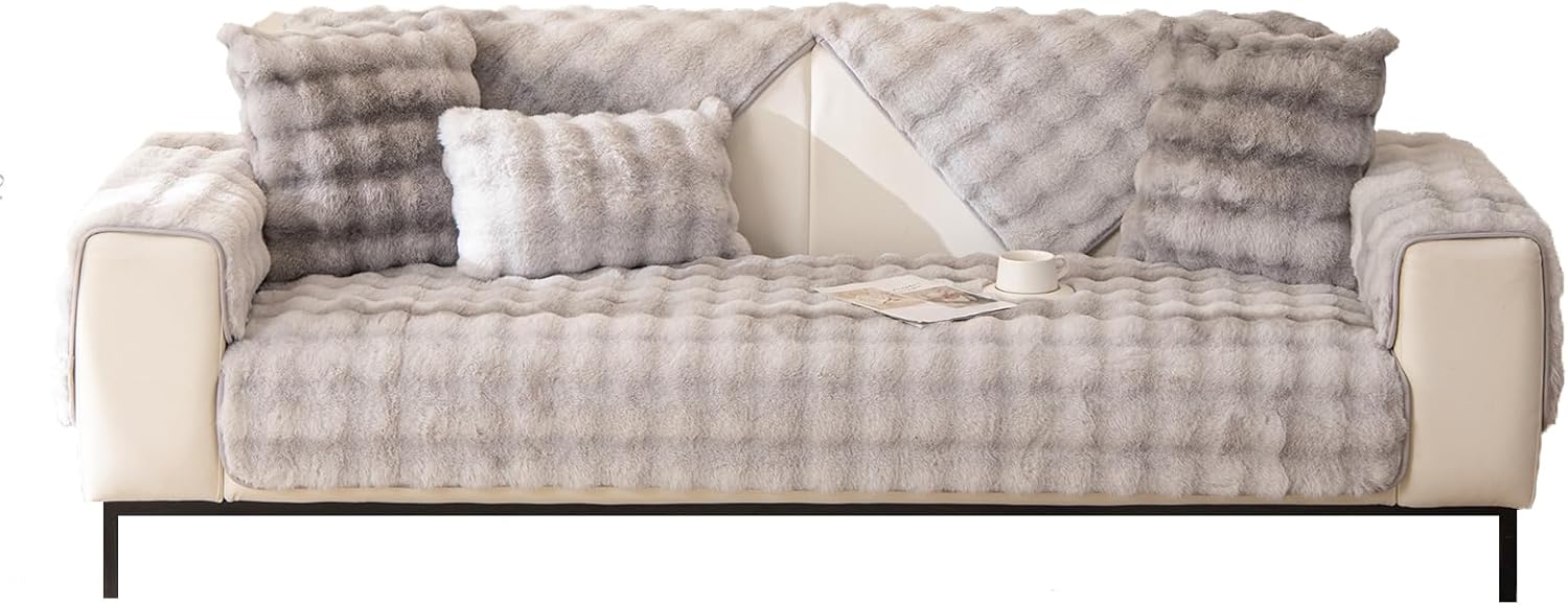 Faux Fur Couch Cover Pet Friendly, Rabbit Plush Sofa Cover, Anti Slip Sofa Slipcover for Armchair, Loveseat, 3-Cushion Couch, Sectional Sofa, Armrest & Backrest (1PC 35.5" X 35.5" Grey)
