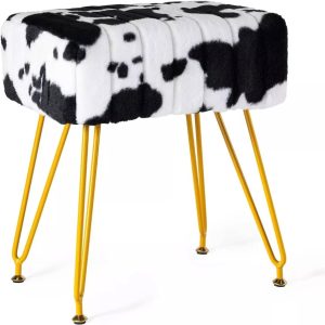 Vanity Stool Chair Faux Fur Vanity Seat Ottoman, Soft Furry Makeup Stool Compact Padded Seat, Modern Decorative Footrest with 4 Metal Legs, Cow