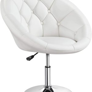 Vanity Chair Makeup Swivel Accent Chair Height Adjustable Round Back Tilt Chair with Chrome Frame for Makeup Room, Living Room, White