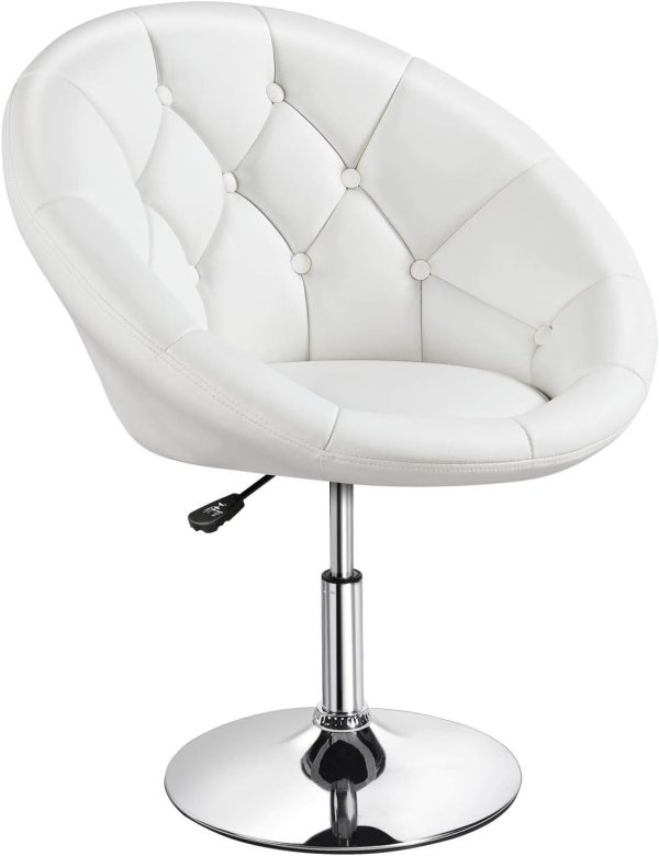 Vanity Chair Makeup Swivel Accent Chair Height Adjustable Round Back Tilt Chair with Chrome Frame for Makeup Room, Living Room, White
