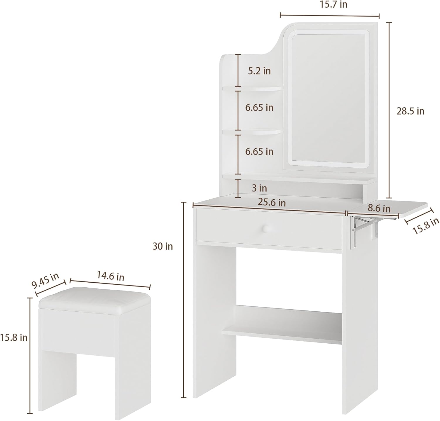 Small Vanity Desk with Mirror and Lights, Makeup Vanity with Charging Station, Compact Dressing Table Set with Storage Chair, Drawer and Shelves for Bedroom, White - Image 2