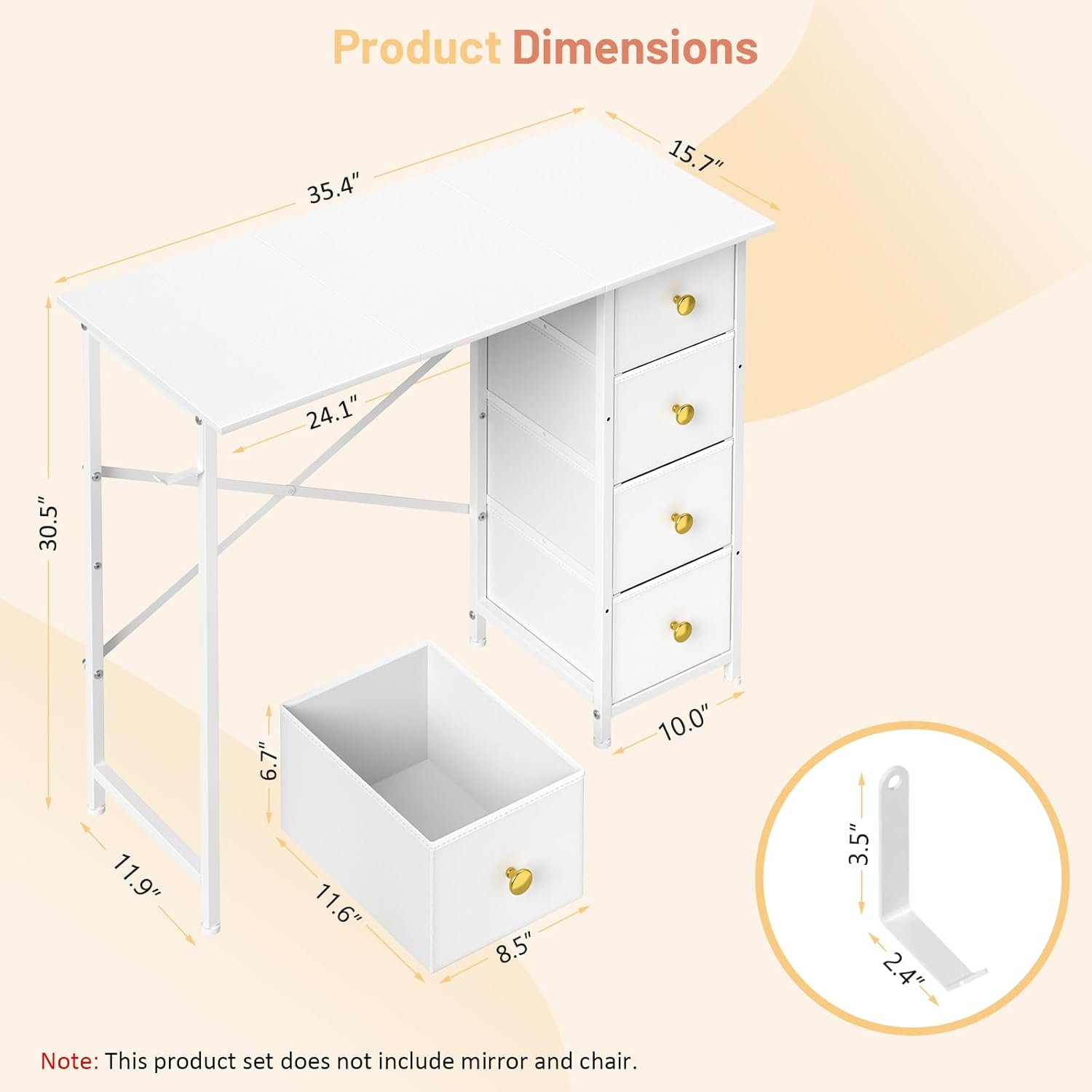 Vanity Desk No Mirror, White Makeup Vanity Desk with 4 Fabric Drawers, Small Vanity Table for Bedroom, Girls Compact Vanity Dressing Table with Storage, 36 Inches Kids Desk for Small Space - Image 2
