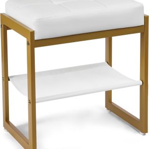 Vanity Stool, Faux Leather Vanity Chair Stool for Dressing Table, Modern Gold Metal Footstool Ottoman for Bedroom & Living Room, White & Gold