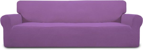 Stretch 4 Seater Sofa Slipcover 1-Piece Sofa Cover Furniture Protector Couch Soft with Elastic Bottom for Kids, Polyester Spandex Jacquard Fabric Small Checks Purple