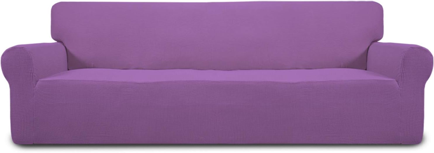 Stretch 4 Seater Sofa Slipcover 1-Piece Sofa Cover Furniture Protector Couch Soft with Elastic Bottom for Kids, Polyester Spandex Jacquard Fabric Small Checks Purple