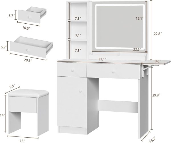White Vanity Desk with Mirror and Lights, Makeup Vanity with Charging Station and 3 Lighting Modes, Dressing Table Set with Storage Cabinet, Drawers and Chair for Girls Bedroom - Image 2