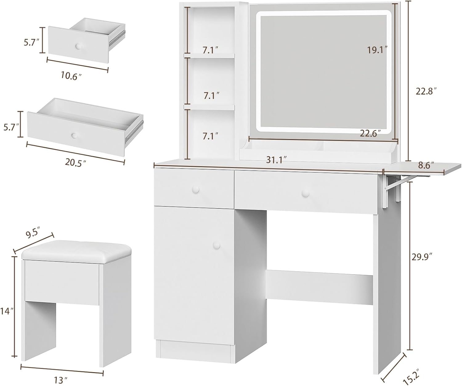 White Vanity Desk with Mirror and Lights, Makeup Vanity with Charging Station and 3 Lighting Modes, Dressing Table Set with Storage Cabinet, Drawers and Chair for Girls Bedroom - Image 2