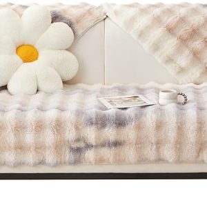 Faux Fur Couch Cover Pet Friendly, Rabbit Plush Sofa Cover, Anti Slip Sofa Slipcover for Armchair, Loveseat, 3-Cushion Couch, Sectional Sofa, Armrest & Backrest (1PC 35.5" X 35.5" Beige)
