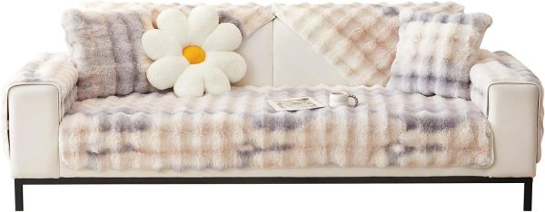 Faux Fur Couch Cover Pet Friendly, Rabbit Plush Sofa Cover, Anti Slip Sofa Slipcover for Armchair, Loveseat, 3-Cushion Couch, Sectional Sofa, Armrest & Backrest (1PC 35.5" X 35.5" Beige)