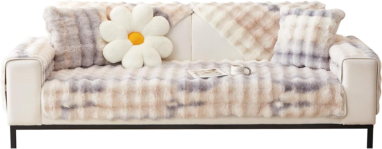 Faux Fur Couch Cover Pet Friendly, Rabbit Plush Sofa Cover, Anti Slip Sofa Slipcover for Armchair, Loveseat, 3-Cushion Couch, Sectional Sofa, Armrest & Backrest (1PC 35.5" X 35.5" Beige)