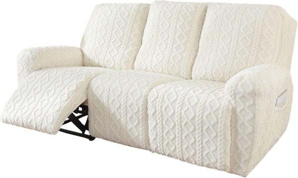 8 Pieces Geometric Jacquard Plush Recliner Sofa Covers Soft Fuzzy Fluffy 3 Seats Couch Cover Anti-Slip Sofa Slipcover Furniture Protector with Elastic Bottom for Kids Pet(Cream,3 Seat)