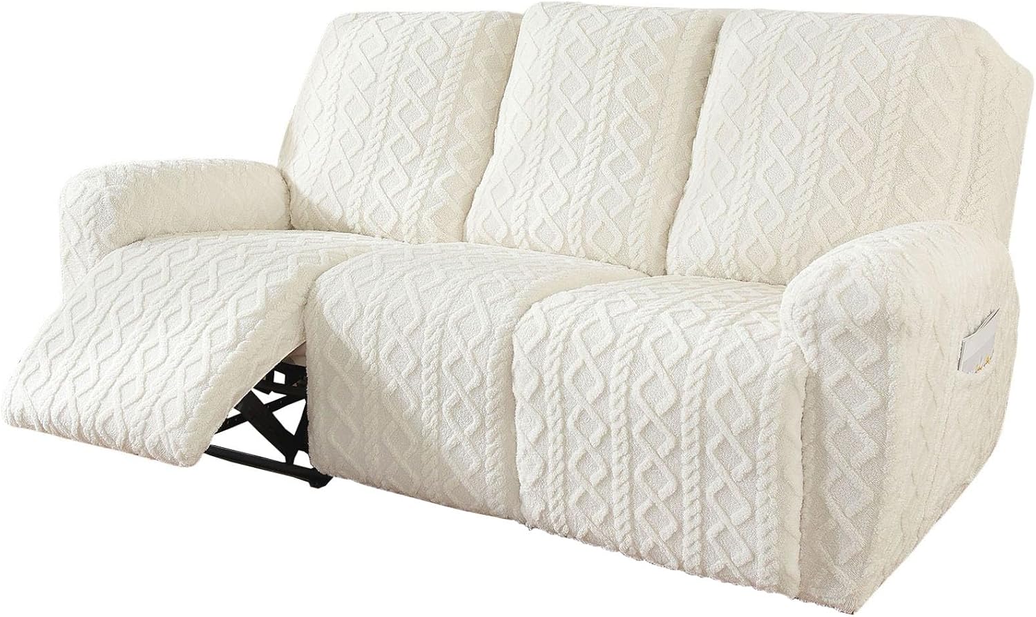 8 Pieces Geometric Jacquard Plush Recliner Sofa Covers Soft Fuzzy Fluffy 3 Seats Couch Cover Anti-Slip Sofa Slipcover Furniture Protector with Elastic Bottom for Kids Pet(Cream,3 Seat)