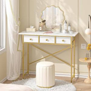 Small Makeup Vanity Desk No Mirror, 37.2 Inch Vanity Desk with 3 Drawers, Girls Vanity Dressing Table for Bedroom, Small Vanity for Small Spaces, White and Gold