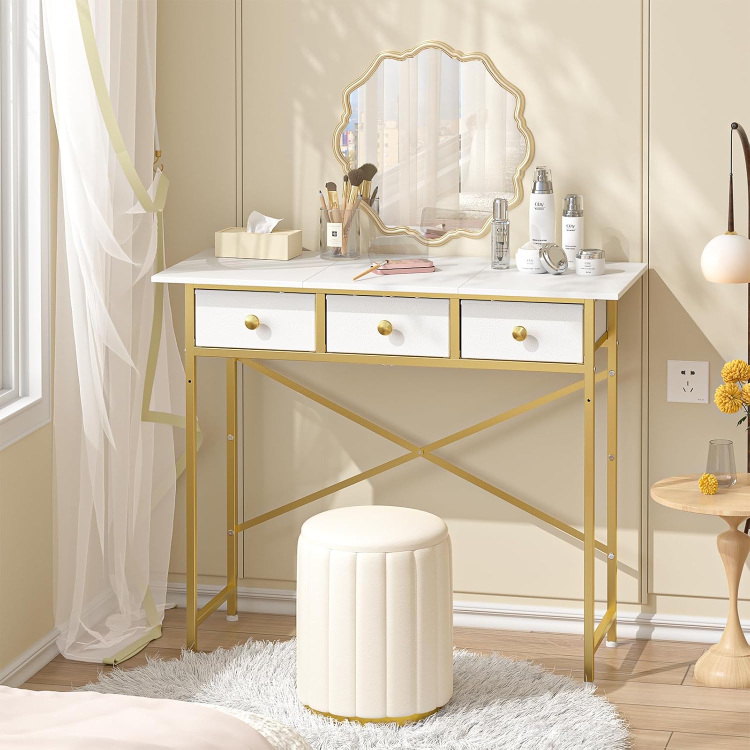 Small Makeup Vanity Desk No Mirror, 37.2 Inch Vanity Desk with 3 Drawers, Girls Vanity Dressing Table for Bedroom, Small Vanity for Small Spaces, White and Gold