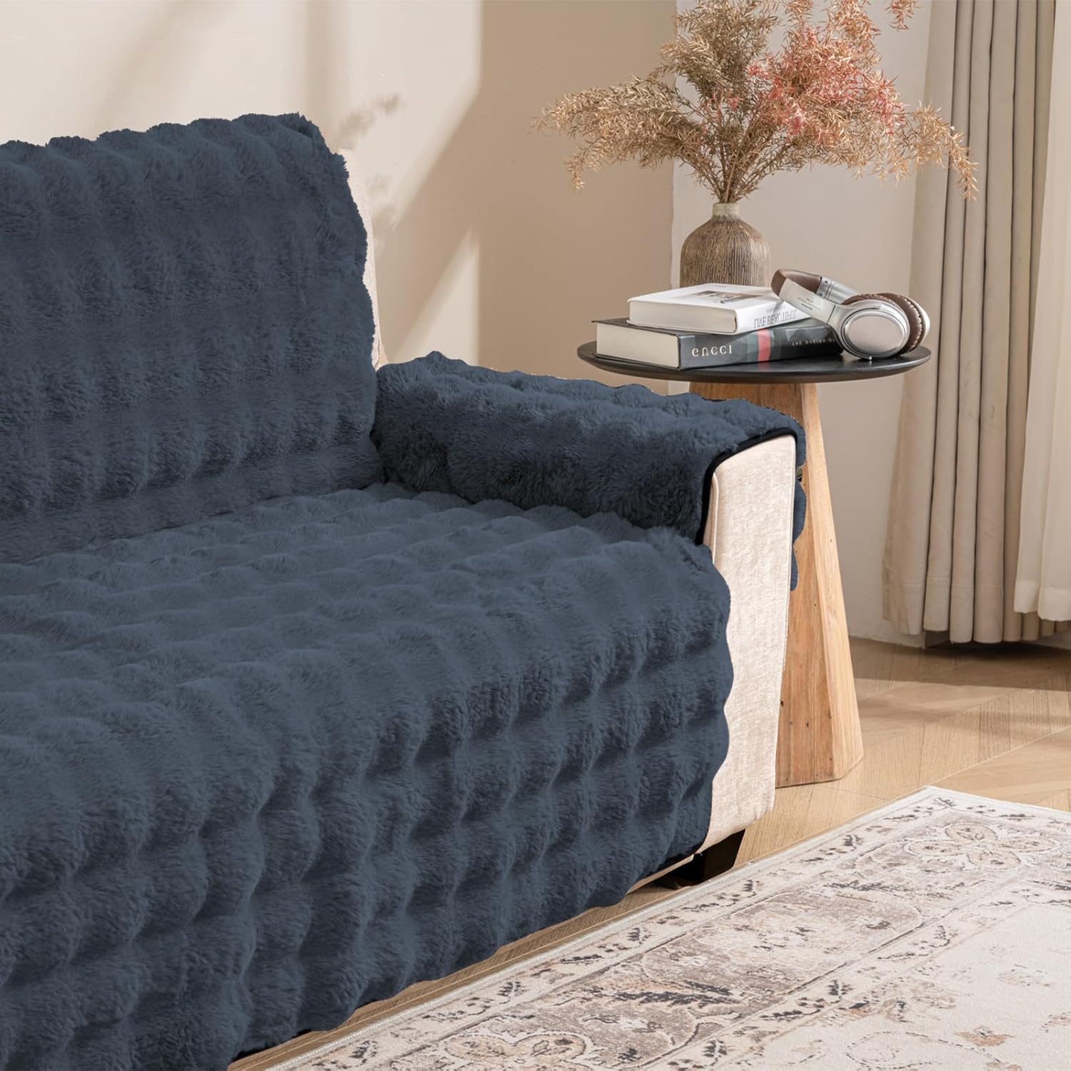 Soft Faux Fur Sofa Cover Thick Shaggy Fuzzy Sectional Couch Cover Non-Slip Plush Sofa Slipcover Furniture Protector for Kids, Pets(Oversized Sofa, NobleGrey-Bubble)