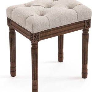 Upholstered Fabric Vanity Bench Seat, Makeup Stools for Vanity, Square Tufted Ottoman Bench with Carved Dark Brown Legs for Bedroom Living Room, Linen Color