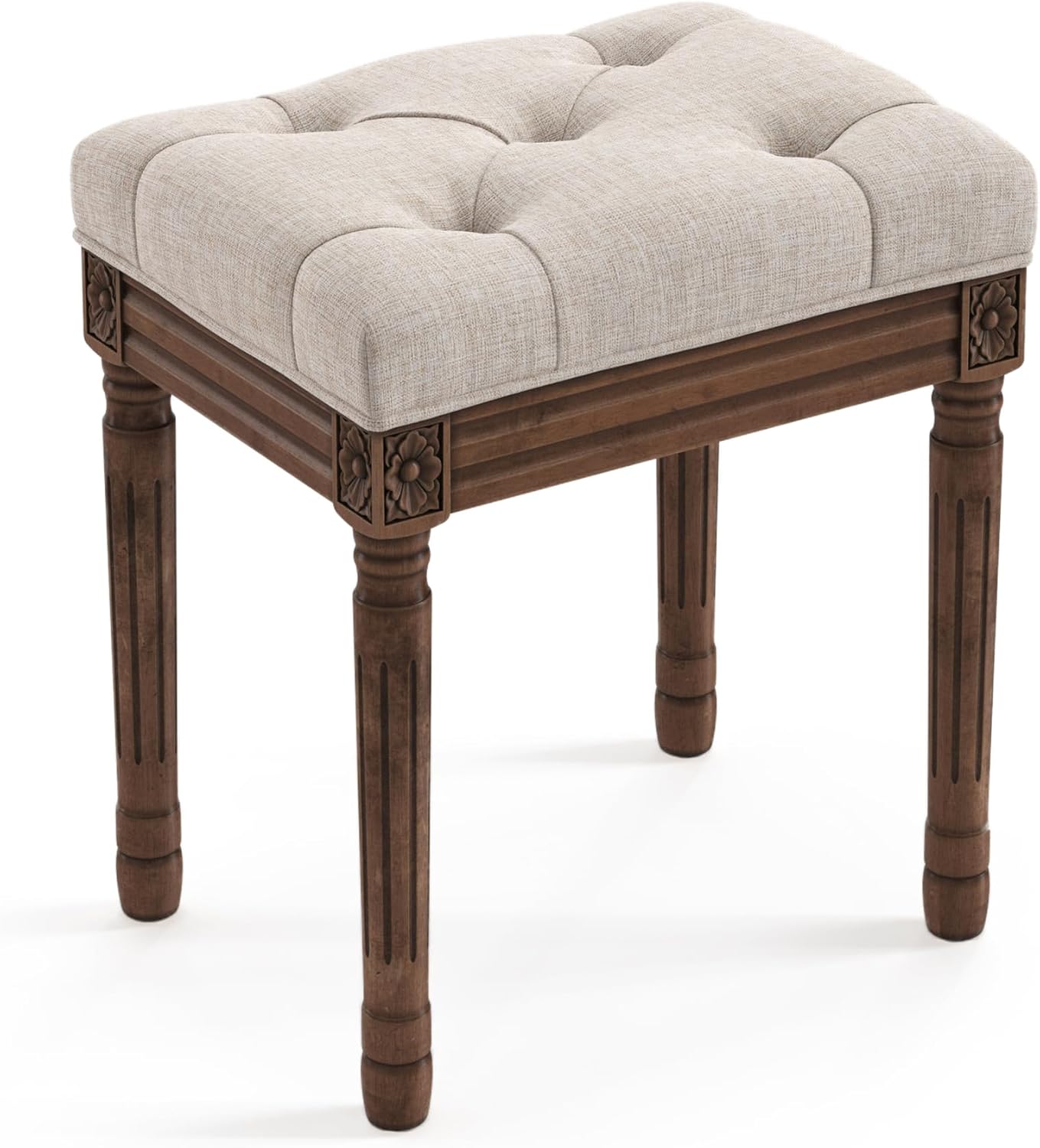 Upholstered Fabric Vanity Bench Seat, Makeup Stools for Vanity, Square Tufted Ottoman Bench with Carved Dark Brown Legs for Bedroom Living Room, Linen Color