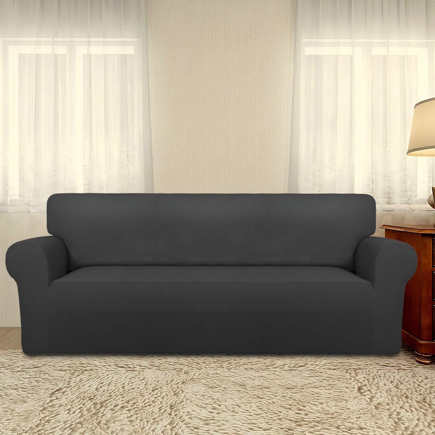 Super Stretch Sofa Slipcover – Spandex Non Slip Soft Couch Sofa Cover, Washable Furniture Protector with Non Skid Foam and Elastic Bottom for Kids, Pets (Sofa, Dark Gray) - Image 2