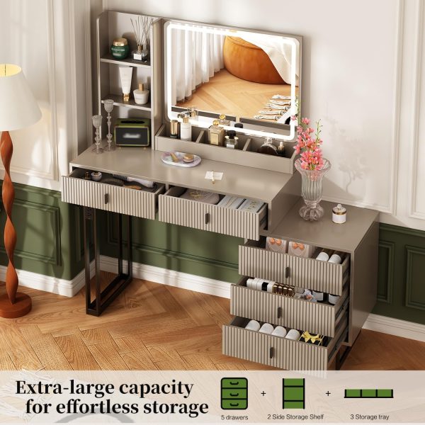 Large Vanity Desk with 3 Color Touch Screen Dimming Mirror, Vanity Desk with Charging Station, Modern Retractable Makeup Dressing Table, Makeup Table With storage shelves and 5 Sliding Drawers, Grey - Image 2