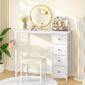 Vanity Desk No Mirror, White Makeup Vanity Desk with 4 Fabric Drawers, Small Vanity Table for Bedroom, Girls Compact Vanity Dressing Table with Storage, 36 Inches Kids Desk for Small Space