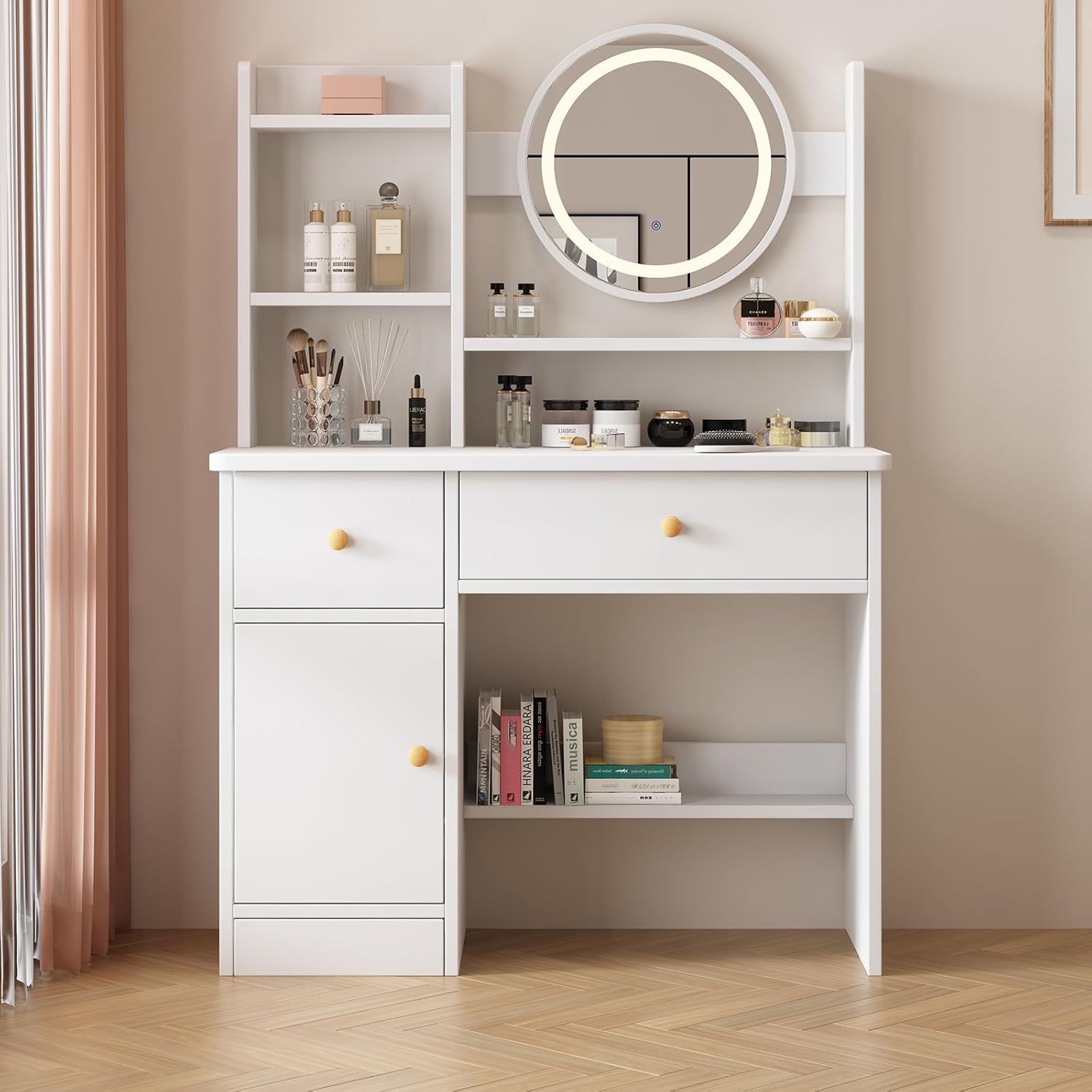 Dressing Table,Makeup Table with Drawers, Vanity Desk with Mirror and led Lights,3 Lighting Mode,Makeup Vanity Desk,Multifunctional Makeup Writing Desk for Bedroom (80CM)
