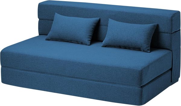 Convertible Folding Sofa Bed - Chair Bed Sleeper with Pillow, Modern Linen Fabric Fold Out & Futon Couch, Foldable Mattress for Living Room/Dorm/Guest Use/Home Office, Full Size, Navy Blue